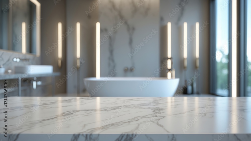 Poster empty marble tabletop with a blurred interior background for showcasing products.