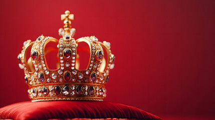 Fototapeta premium Illustration of Royal golden crown with jewels on golden pillow on red background. Symbols of UK United Kingdom monarchy. Copyspace on the left side of the frame