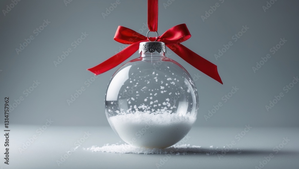 Poster transparent christmas ball hanging against a gray background with empty space for text.