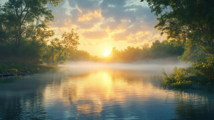 Obraz premium A serene sunrise over a misty river, surrounded by lush trees, creating a peaceful and tranquil atmosphere.