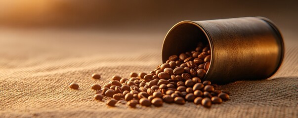 Spilling Vintage Metal Coffee Bean Container on Rustic Textured Surface