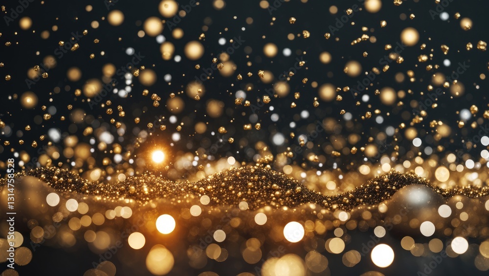 Poster Festive abstract background featuring golden bokeh particles and highlights on a dark backdrop. High-quality image.