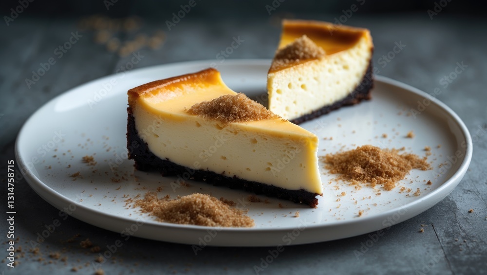 Poster selected focused slices of cheesecake are arranged on a white plate, topped with a random sprinkle o