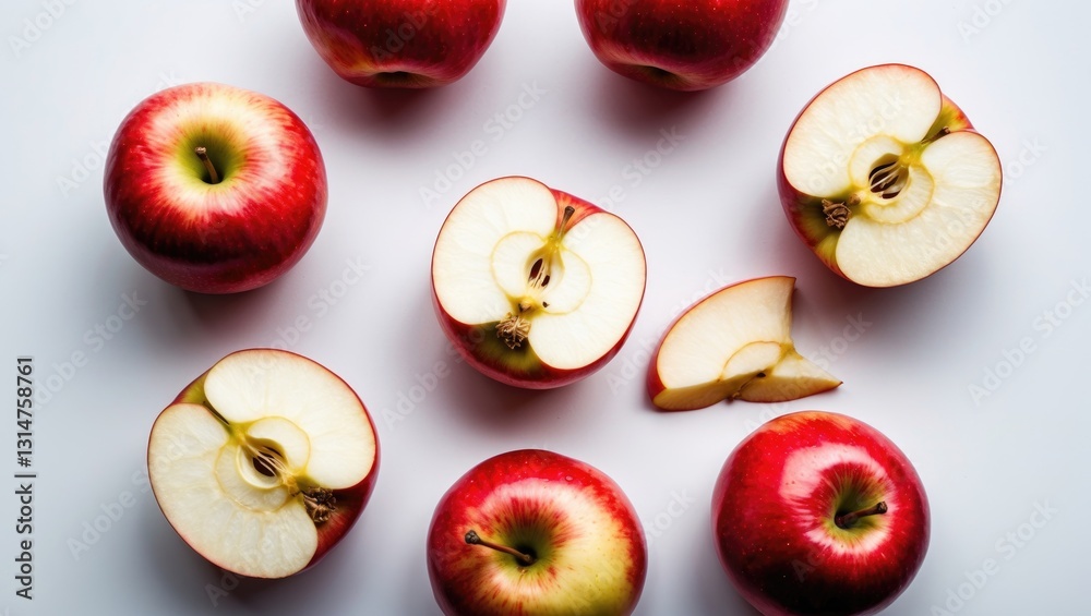 Poster falling slices of red apple isolated against a white background.