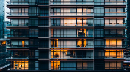 Modern High-Rise Apartment Building At Night With Illuminated Windows In A City Setting With Dark Blue And Orange Tones Showcasing Urban Living