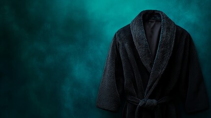 Dark, plush bathrobe hangs against a teal backdrop.  Perfect for relaxation.