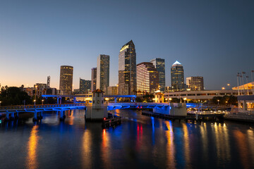 Night urban landscape of downtown district of Tampa in Florida, USA. American city skyline with...
