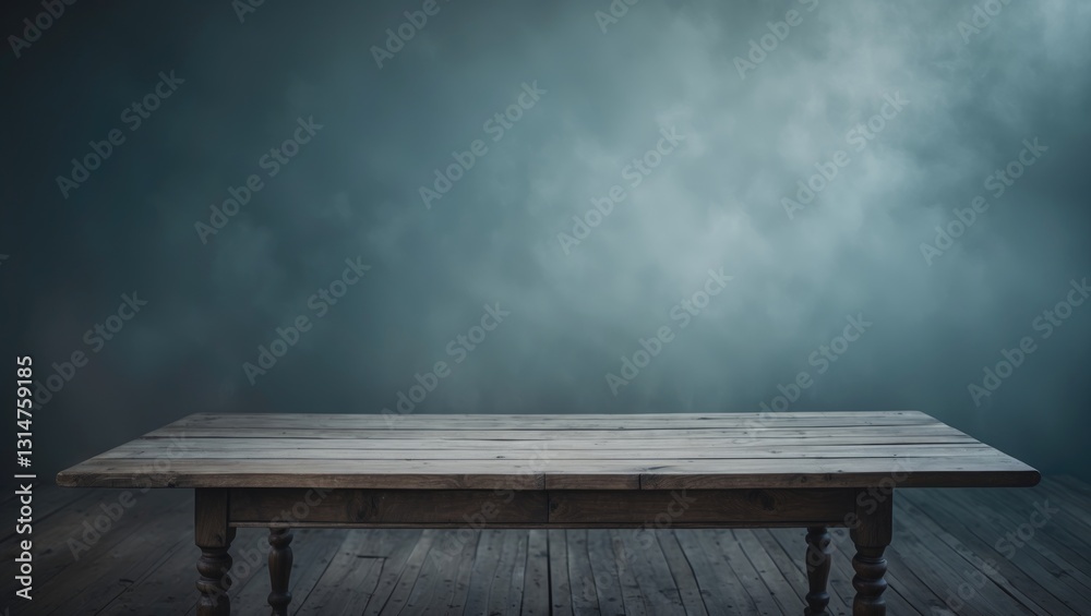 Poster Wooden table with an empty surface against a hazy backdrop.