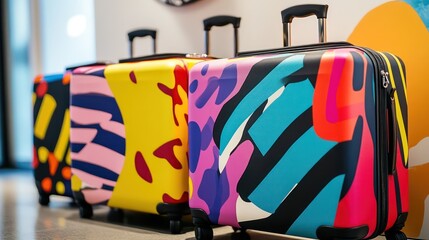 Luggage featuring bold modern art designs, with abstract patterns in vivid colors and sleek metal accents