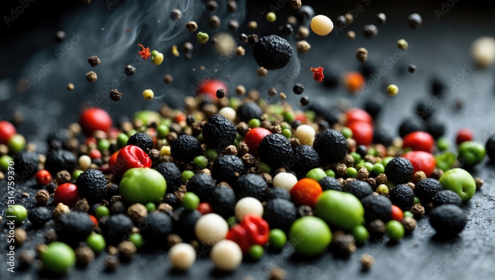Poster colorful fragrant pepper seeds bounce and fall within a pan. aromatic spices and homegrown herbs are