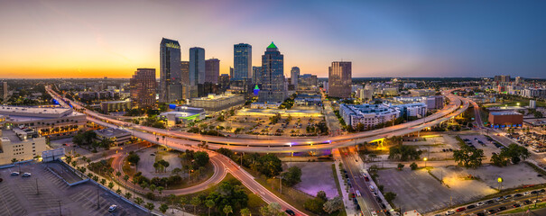 Night urban landscape of downtown district of Tampa in Florida, USA. American city skyline with...