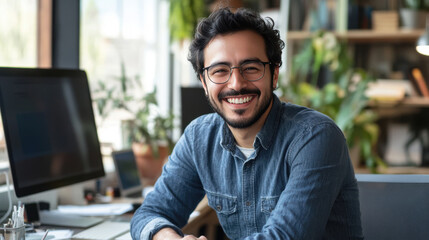 Obraz premium A smiling man with dark curly hair and glasses sits at a desk in front of a computer monitor