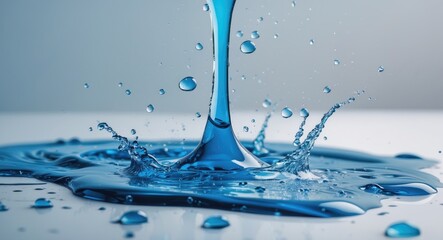 Blue droplet with water splashes. A single, realistic portrayal of liquid spilling on a white surface. Clear, pure aqua element featuring swirling liquid waves and spray droplets.