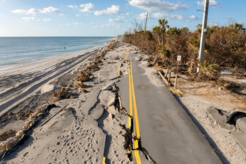 Oceanfront road erosion after hurricane Milton on Manasota Key in Florida. Storm surge destroyed...