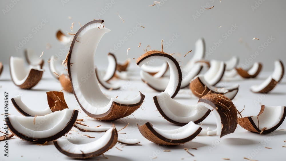 Aufkleber falling coconut curls, shavings, isolated on a background, clipping path, complete depth of field.