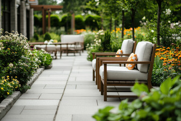 peaceful garden seating area surrounded by fragrant flowers and lush greenery