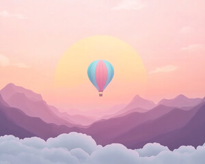 Fototapeta premium Pastel-colored hot air balloon floats above clouds and mountains at sunset, creating a serene and dreamy landscape, symbolizing freedom, adventure, and tranquility