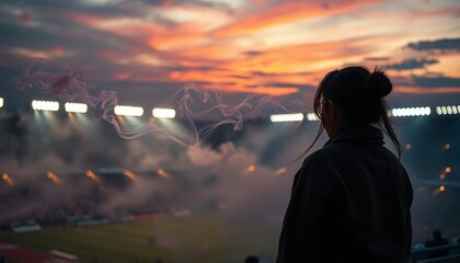 Fototapeta premium A lone figure watches the sunset over a stadium, smoke swirling around them in the twilight