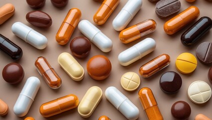 Close-up of pills in various shapes and colors on a simple background. Use medicine for its intended purpose to enhance effectiveness.