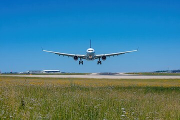 Fototapeta na wymiar Airplane Approaching Airport Runway During Daytime with Clear Blue Sky and Green Grass