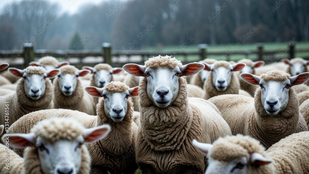 Poster flock of sheep gazing at the camera on a winter day in the pasture. lamb and ewe farming.
