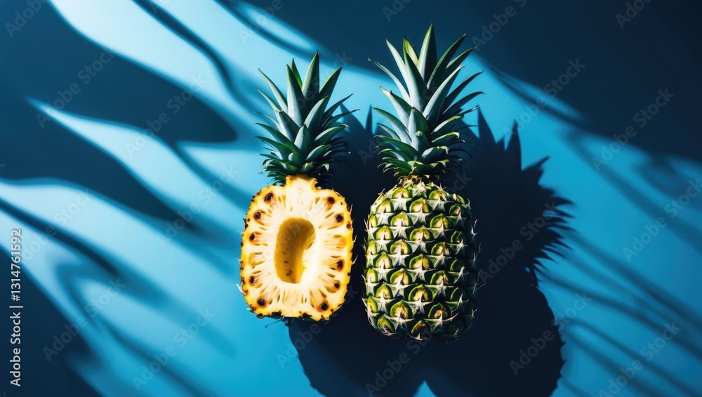 Poster two sections of pineapple placed on a blue backdrop. set against the background of shadow waves. the