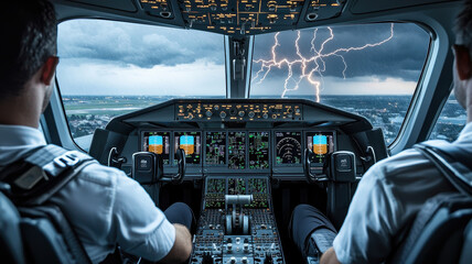 Fototapeta premium Two pilots in commercial airplane cockpit navigate through storm with visible lightning