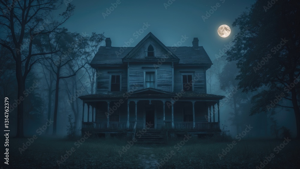 Poster abandoned haunted house with a ghost at night, surrounded by fog. old mystical structure within the 