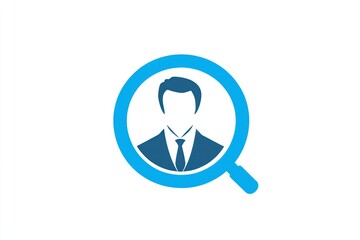 Blue magnifying glass icon over a businessman silhouette.