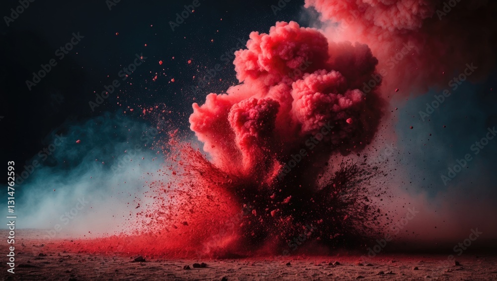 Aufkleber Eruption of red particles against a dark backdrop. A burst of color in the dust on a dark background.