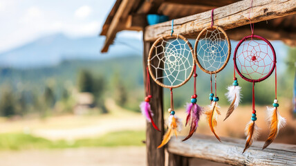 Handmade dreamcatchers with feathers hanging on cozy wooden stall outdoors