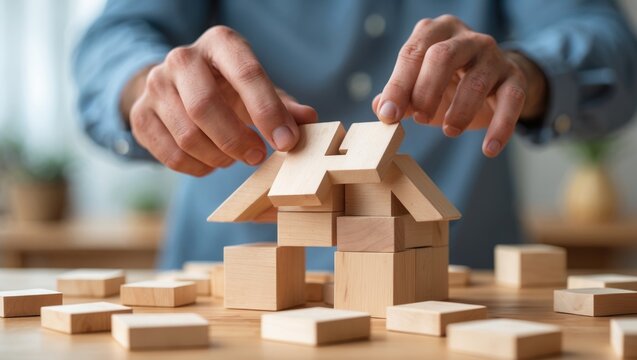 Man's hand placing the final missing wooden block correctly. Business success concept.