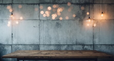 For use as a backdrop for product showcases, displays, and mockups, utilize this vintage white concrete wall texture background featuring a table with bokeh lighting.