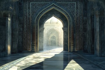 Sunlit Pathway Through Ornate Archways of Ancient Palace