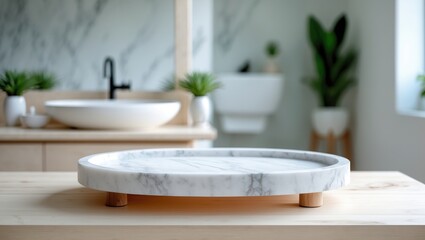 Fototapeta premium Marble white podium placed on a table for product presentation against a blurred background.