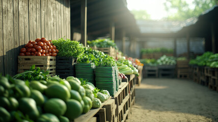 rustic wooden market stall displays fresh vegetables and fruits in morning light