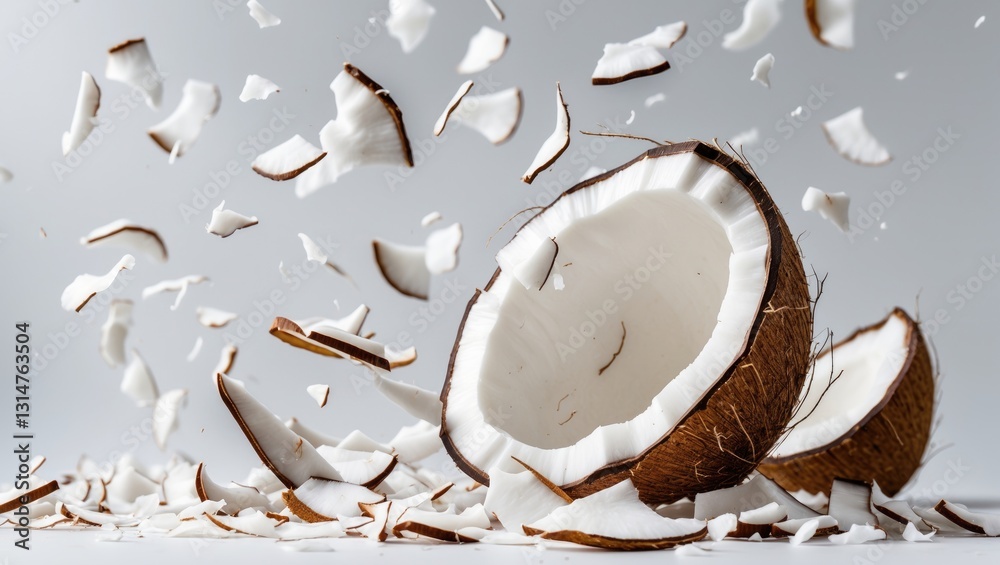 Poster Falling coconut, isolated on a white background, with a full depth of field and a clipping path.