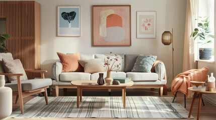 Fototapeta premium Modern living room with sofa, stylish furniture, and contemporary design in a cozy apartment setting