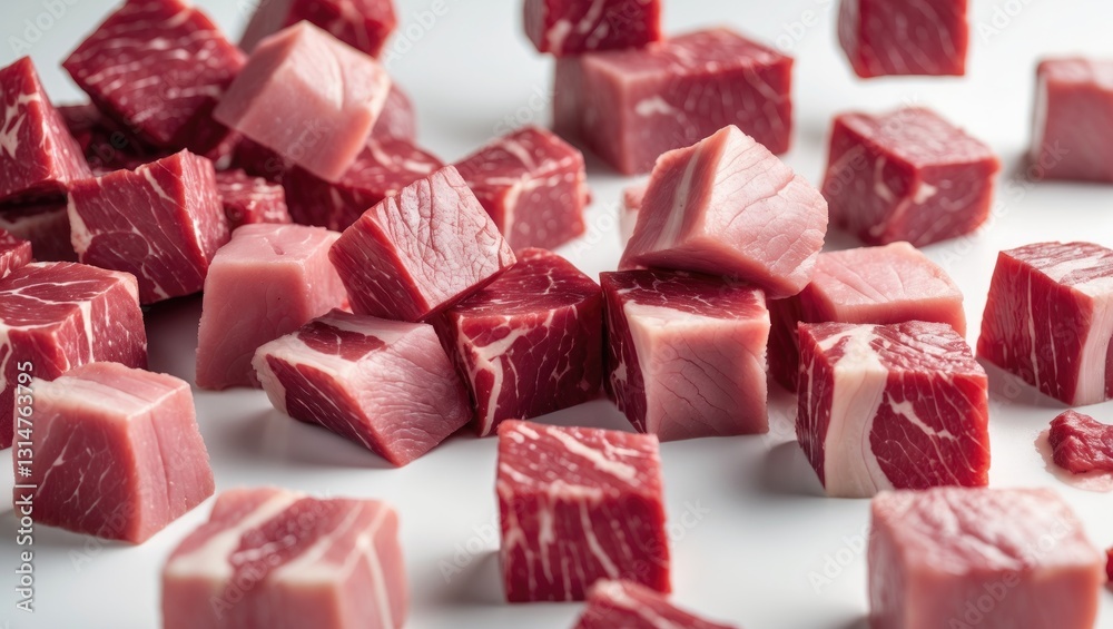 Poster Falling beef cubes, isolated on a background with a clipping path, displaying full depth of field.