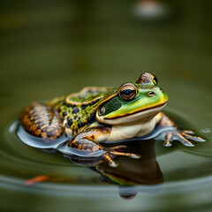 Marsh frog sits in lake and watches close-up. Green toad species of tailless amphibians of family ranidae. Single reptile of pelophylax ridibundus common in water. Portrait wet wild animal in pond.