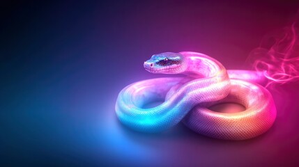 A vibrant, neon-lit python coiled on a dark background with smoky effects.