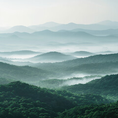 Fototapeta premium Foggy Mountain Landscape with Clouds and Sunrise