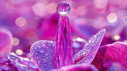 Fototapeta premium Dewdrop perfume bottle on purple flower, bokeh background; beauty, fragrance ad