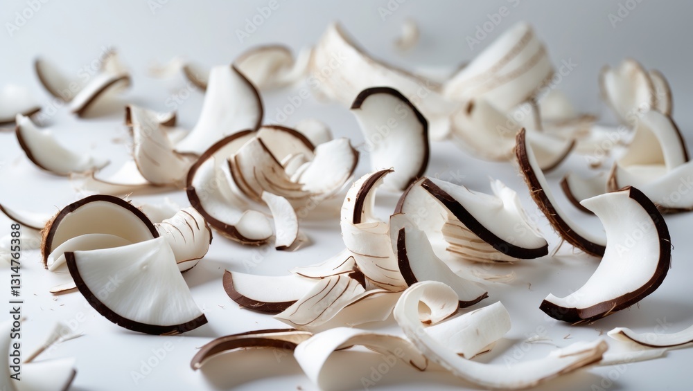 Poster falling coconut curls, shavings, set against a background, with a clipping path, showcasing full dep