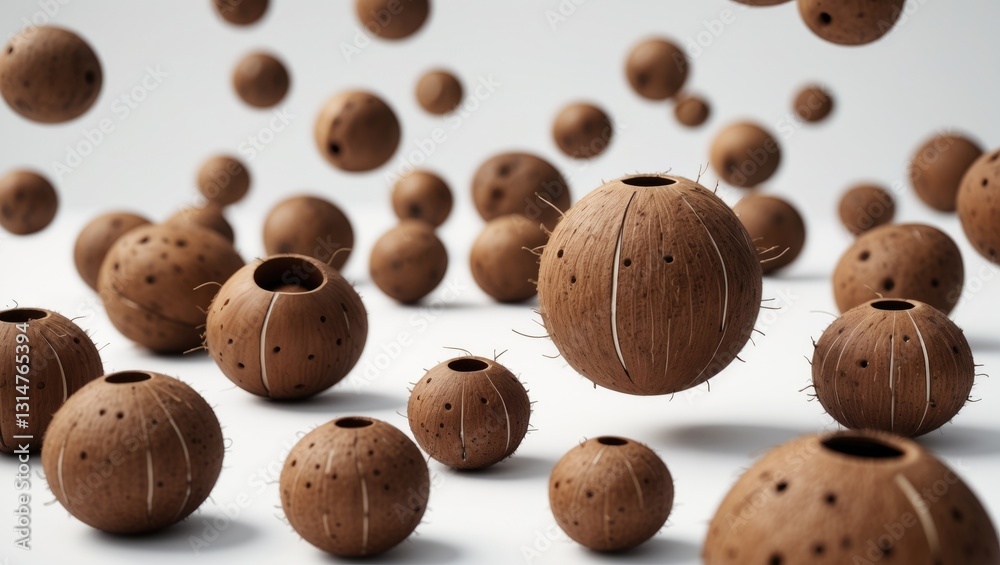 Aufkleber Falling coconuts in their entirety, set against a white background, with a clipping path and a complete depth of field.