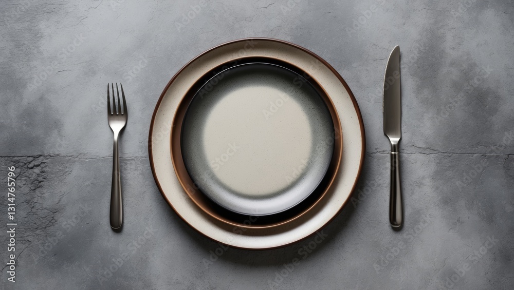 Poster empty plates and forks arranged on a grey concrete background. aerial view. concept mockup.