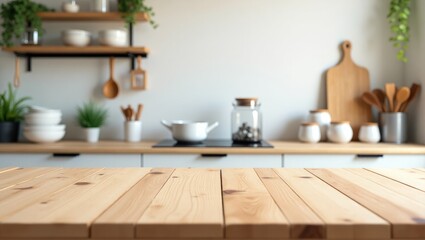 Empty wooden table surface with a blurred kitchen countertop background.