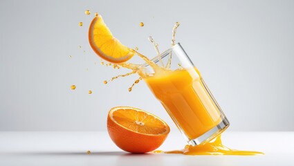 Tilted drinking glass with orange juice overflowing and a flying orange slice isolated against a white backdrop. Authentic studio photograph.