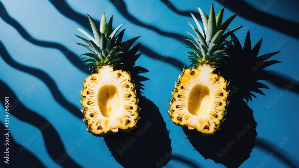 Poster Two sections of pineapple on a blue backdrop. Set against a background of shadow waves. The concept of fitness, diet, and healthy eating.
