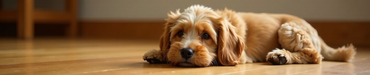 Adorable cockapoo dog lying peacefully on wooden floor, domestic, flooring, relaxation